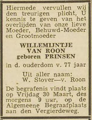 Rouwadvertentie Willemijntje Prinsen uit de Haarlemsche Courant van 29 maart 1945